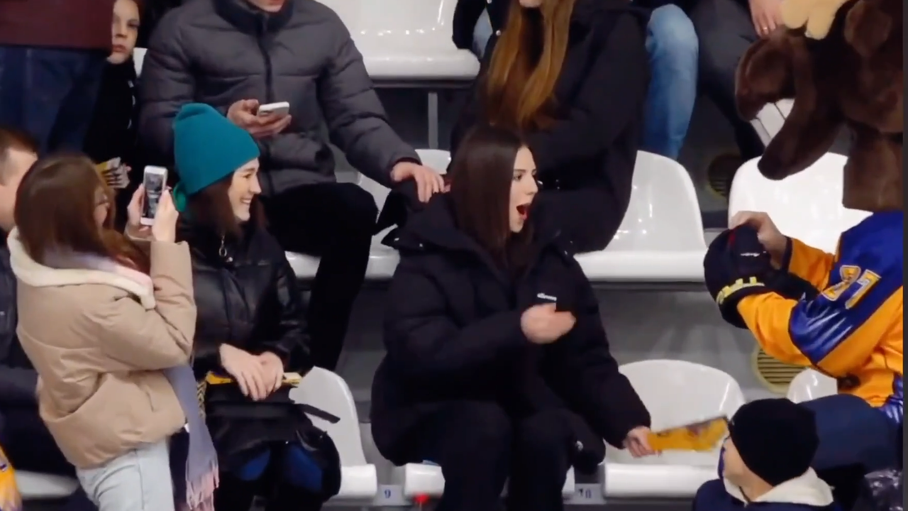 Главная картинка новости: На хоккейном матче болельщице сделал предложение маскот