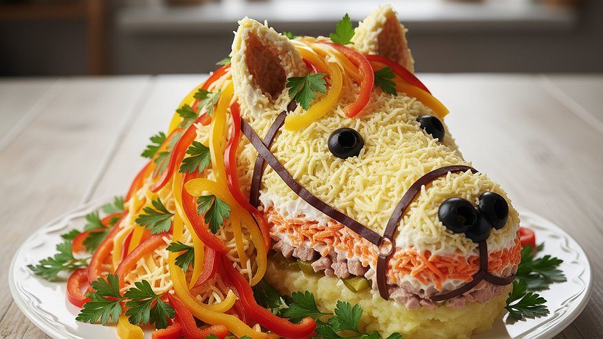 Главная картинка новости: Новый год без "Оливье": слоеный салат "Снежная лошадка" — гости в восторге, а хозяйка года отблагодарит удачей и деньгами