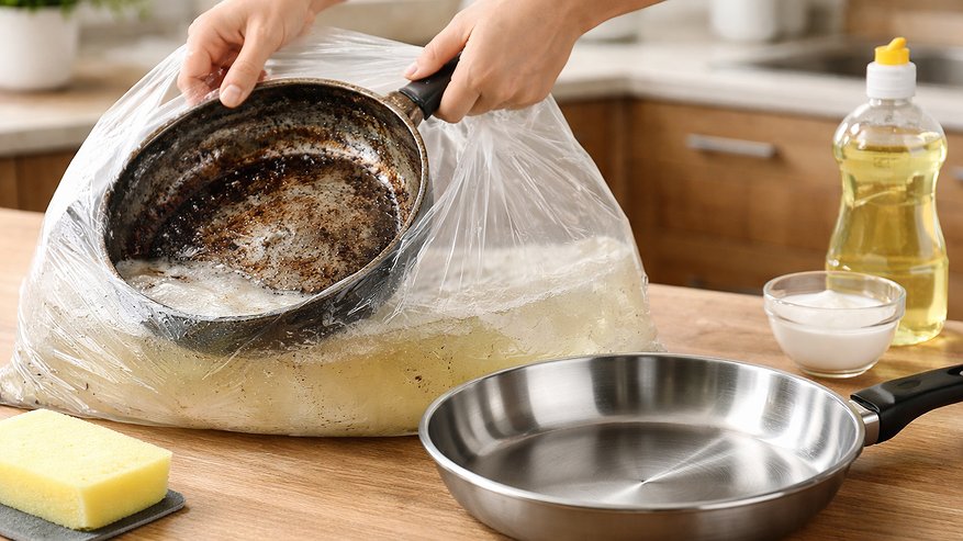 Главная картинка новости: Кладу сковороду в полиэтиленовый пакет, и гарь отлетает в мгновение ока — любуюсь отражением как в зеркальце