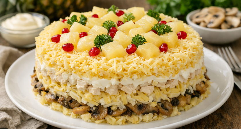 В восторге даже заядлые "оливьешники": этот салат с ананасом уплетают за обе щеки даже те, кто терпеть не может фрукт